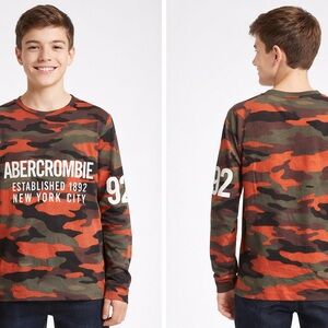 Abercrombie Kids Camo Long Sleeve Shirt Size 15/16 Orange Green 92 Logo